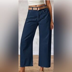 Flamingals Solid Stitch Detail Mid Waist Crop Straight Leg Jeans Navy  Med NWT